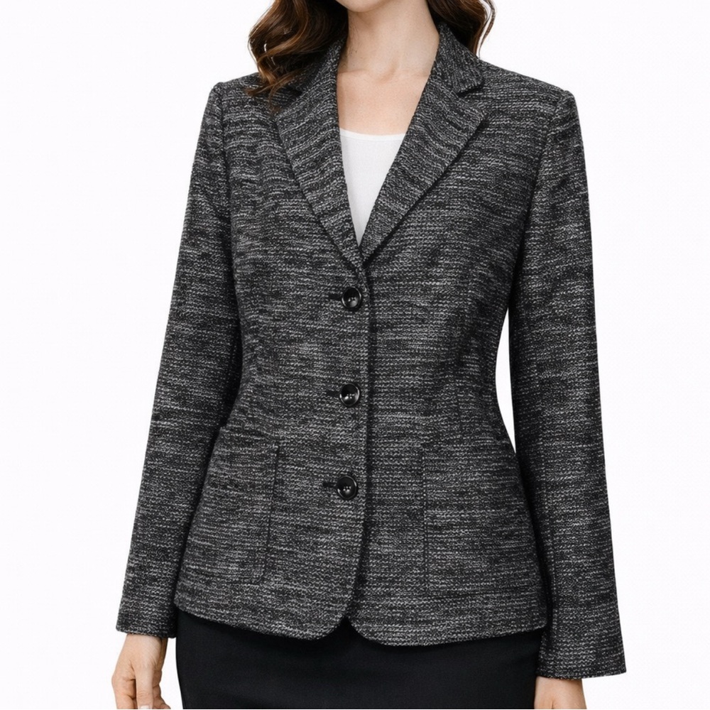 Kasper Suit Jacket Blazer 14 Black Metallic Gold Fleck Classic 3 Button Stretch